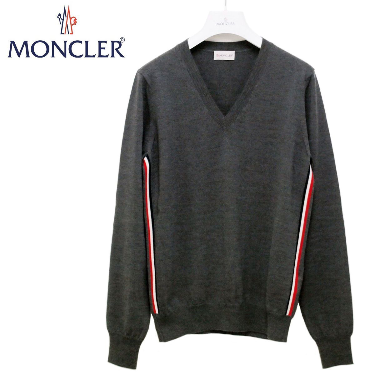 新品 MONCLERモンクレールグレー Vネックニット セーター-