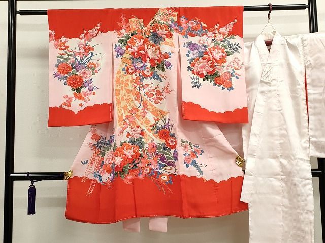平和屋着物女の子　祝着　産着　初着　長襦袢セット　のしめ　お宮詣り　束ね熨斗草花文　金彩　逸品　CAAI4014ze