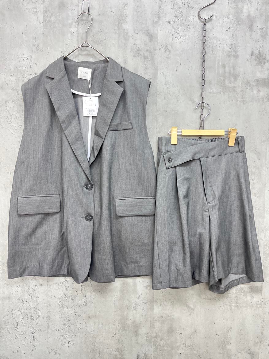 AMAIL アマイル スマートロング ベスト ハーフパンツ セットアップ ジャケット パンツ スーツ sizeF|グレー ◎レディース