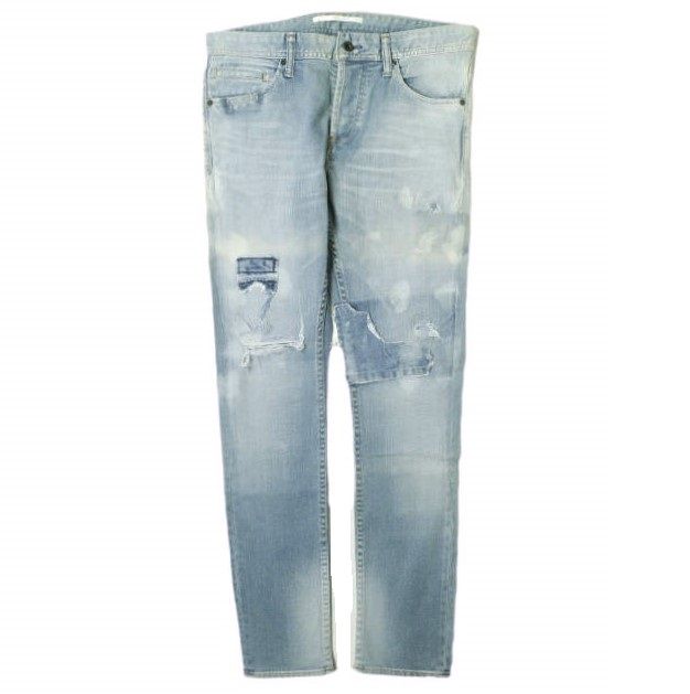 新品 e JEANS イージーンズ 日本製 SEA HORSE SLIM 岡山児島 ダメージ＆リペアパッチ ストレッチスリムデニムパンツ e-801 3 majolica blue ボタンフライ ジーンズ 定価38，500円 ボトムス g17266