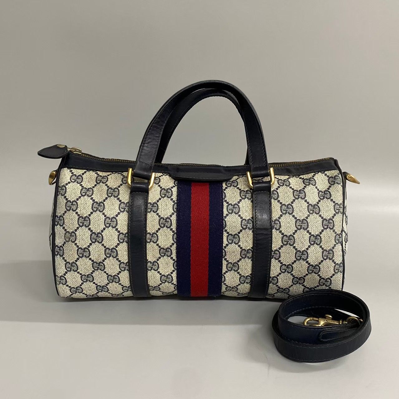 美品 GUCCI グッチ オールドグッチ シェリーライン GGモノグラム レザー 2way ボストンバッグ ショルダーバッグ ネイビー 77476 -  メルカリ