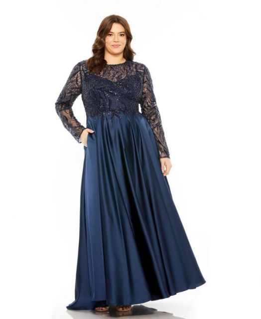 送料無料 マックダガル レディース ワンピース トップス Women s Sheer Long Sleeve Beaded Top Satin Gown Midnight