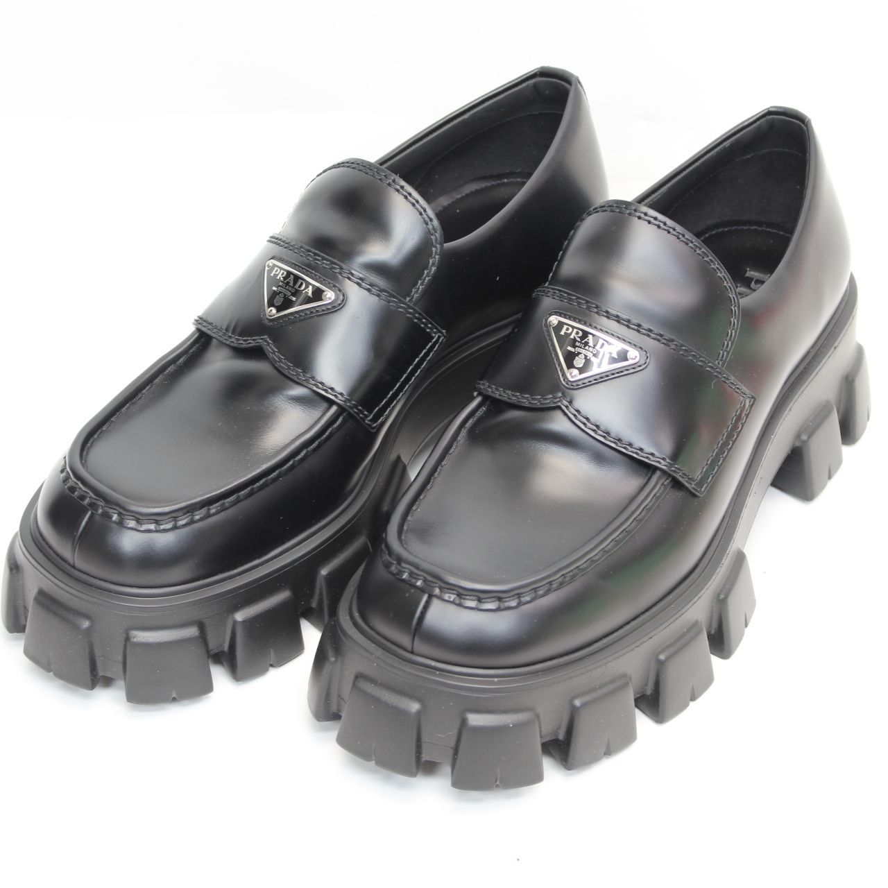 IS625 |サイズ9 1|2 PRADA プラダ 2DE129 モノリス トライアングルロゴ トラックソール ブラッシュドレザー ローファー ブラック