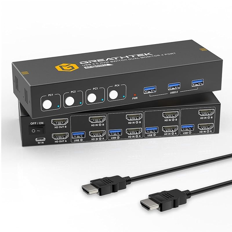 KVMスイッチ HDMI 4ポート USB3.0 KVM デュアルモニター UHD 4K 60Hz解像度 HDMI KVM切替器 4入力2出力 アダプティブEDID ボタン切り替え対応
