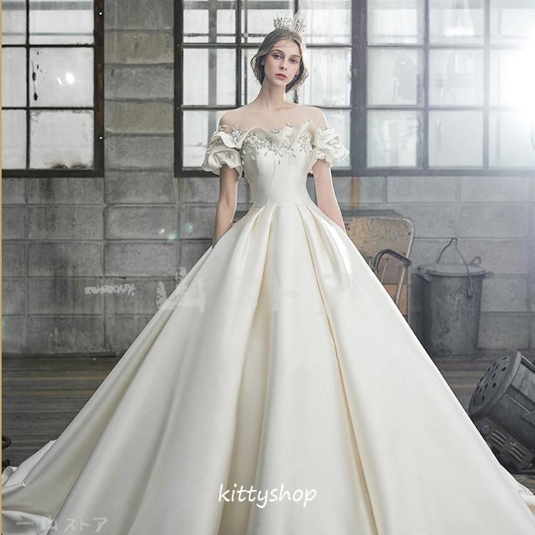 ウェディングドレス aラインドレス サテン 二次会 長袖 シンプル マキシ デザイン 花嫁 披露宴 ブライダル 結婚式 ロングドレス 演奏会 ウェディングドレス ロングドレス スレンダーライン