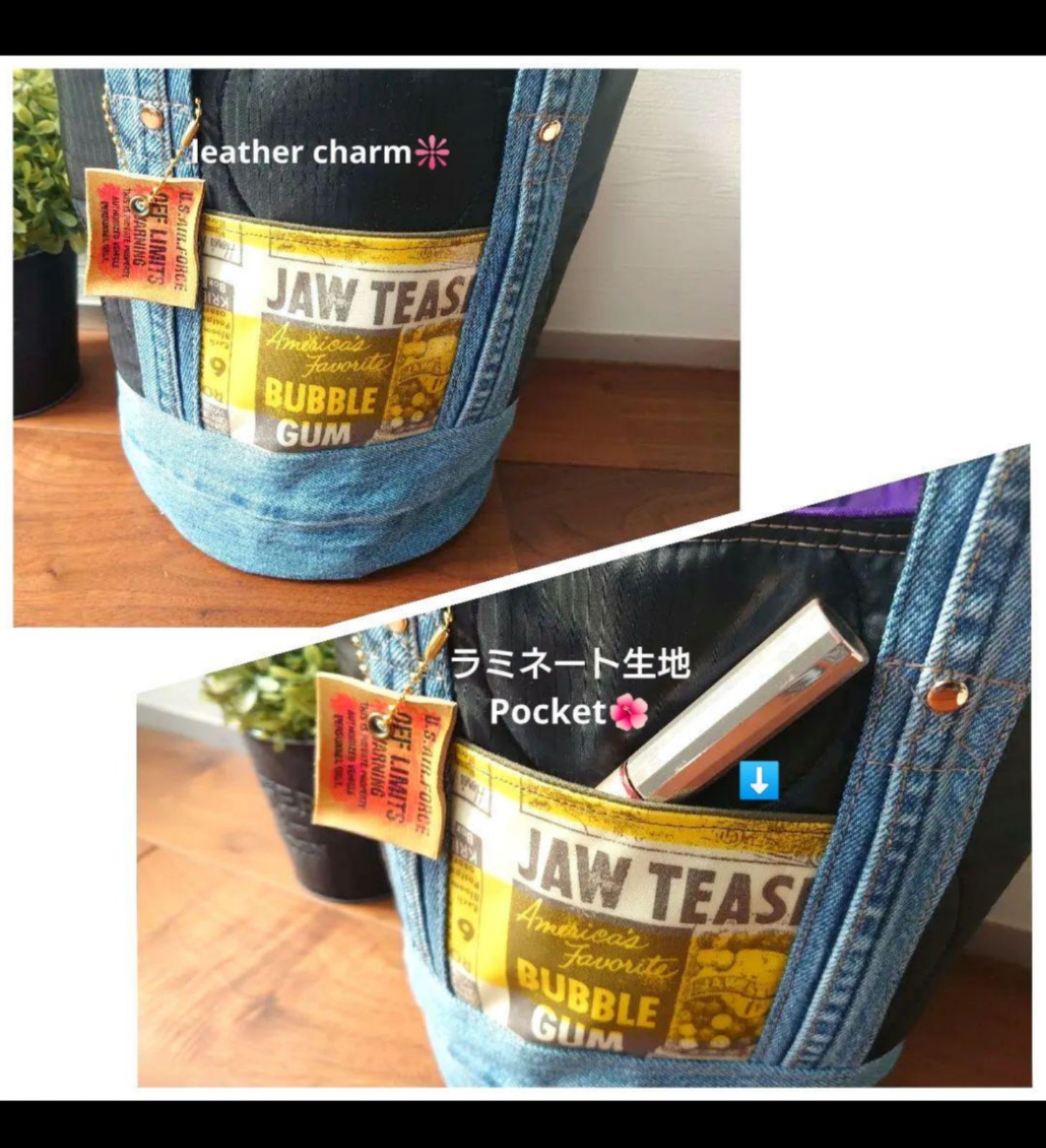 No.622【DENIM️ひょうたんキルト 丸底 バケツ型BAG✨】黄ポケット ひょうたんキルト | ラミネート・キルト | 生地製品卸サイト