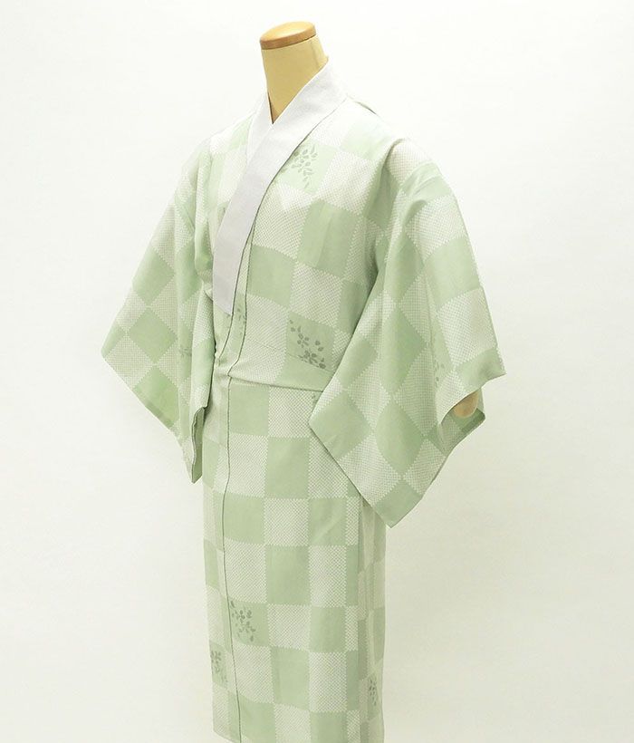長襦袢 未着用 正絹 格子匹田草花模様 身丈113.5cm 裄丈62cm 長襦袢 新古品 着物 i4004