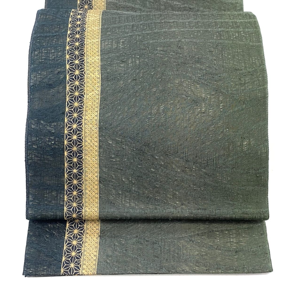 袋帯 秀品 縞 幾何学模様 灰緑 全通 正絹