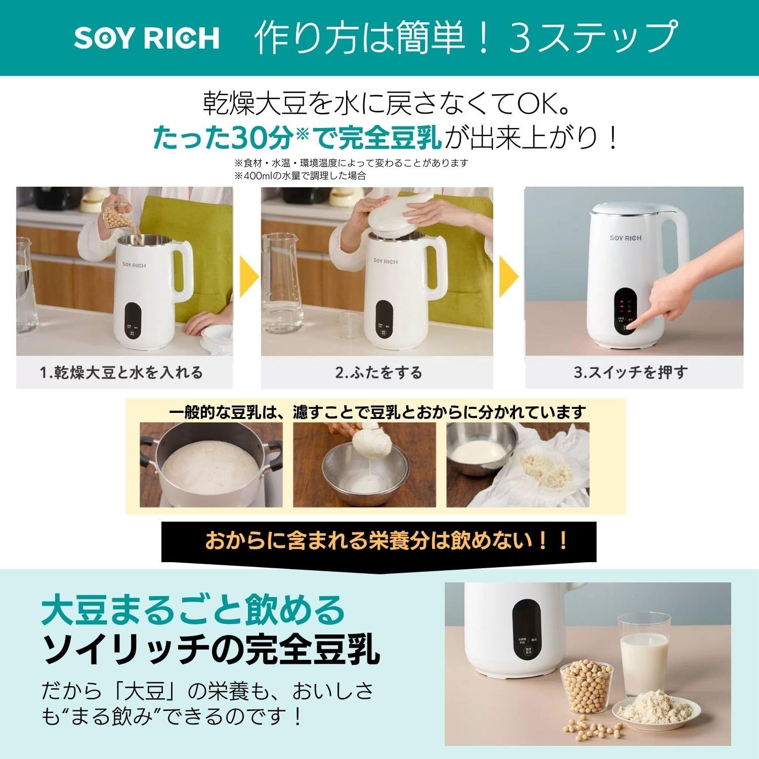 ソイリッチ 基本セット 　新品。未使用品。 吸水クロス、乾燥大豆つき ショップジャパン ソイリッチ 基本＋大豆6kgセット 完全豆乳