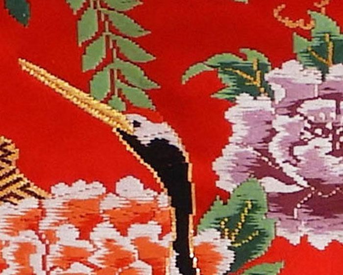 色打掛 正絹 吉祥 舞鶴 四季花 打掛 花嫁衣裳 婚礼 良品 中古
