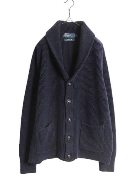 00s ポロ ラルフローレン ショールカラー ニット カーディガン メンズ XL オールド コットン セーター 無地 前開き 重ね着 大きいサイズ 紺
