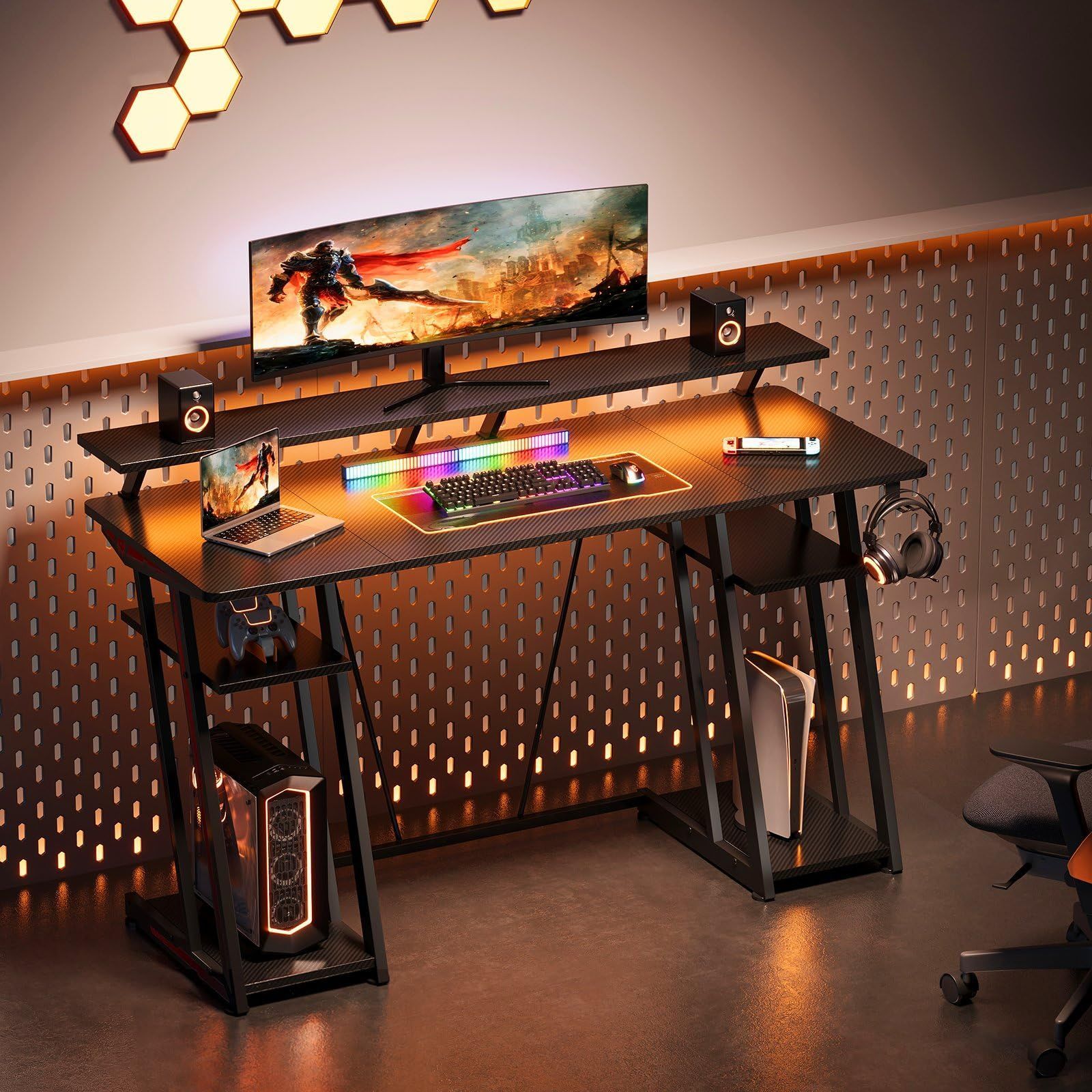 商品 YeTom ゲーミングデスク PCデスク ゲームデスク 幅135cm 机 pcデスク パソコンデスク炭素繊維天板 Z字脚 モニター台付き オフィスデスク 二つ収納ラック2段付き 台下区分収納対応 黒い