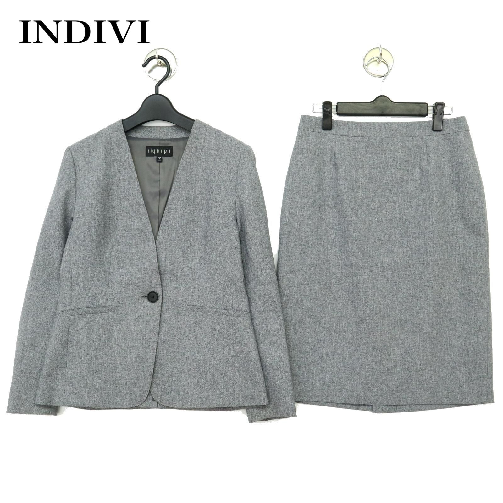 【美品】INDIVI (インディヴィ)ノーカラージャケットセットアップスーツ　38-40