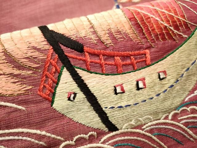 平和屋着物○アンティーク 大正ロマン 九寸名古屋帯 総刺繍 船 金糸