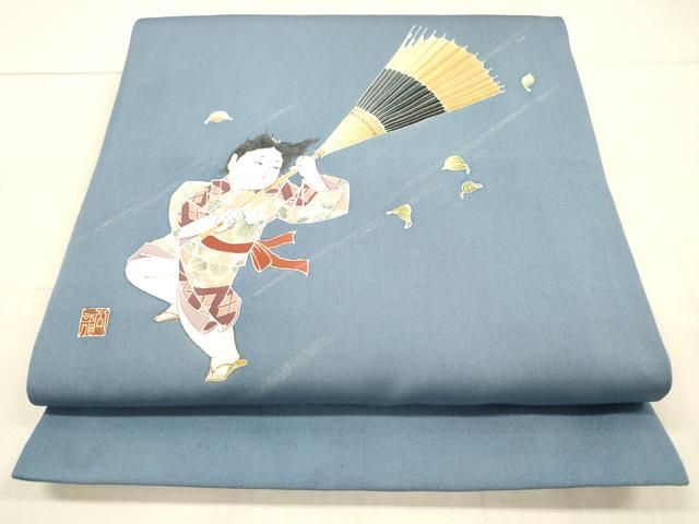 平和屋着物○小柳津公龍 塩瀬 九寸開き名古屋帯 手描き 童子番傘文