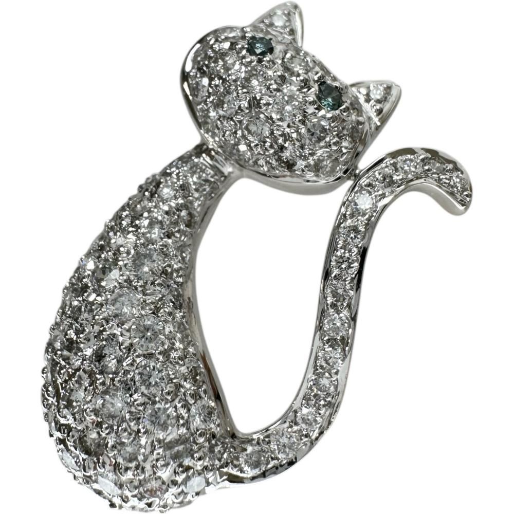 キャットモチーフ ブローチ兼用 トリートメントダイヤモンド 計0.02ct ダイヤモンド 計0.76ct ペンダントトップ K18WGホワイトゴールド 18金 3.8g レディース 真子質店 NN