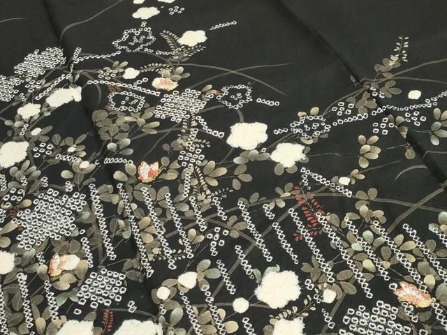平和屋着物○訪問着 絞り 刺繍 舞蝶梅文 黒地 金彩 正絹 逸品
