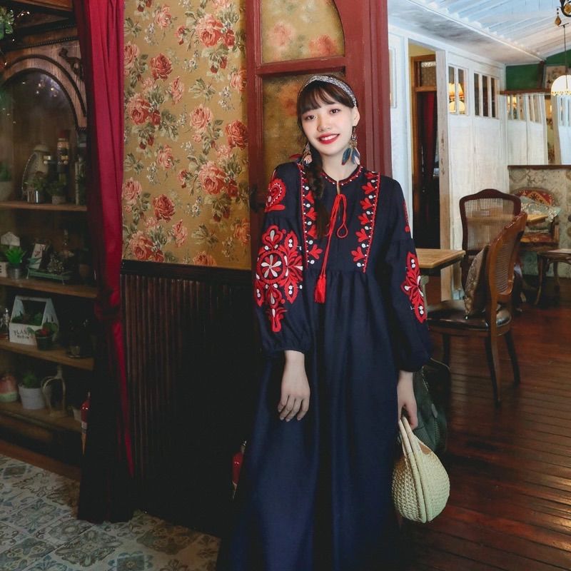 レディースワンピース 刺繍ワンピ ボヘミアン エスニック調 長袖