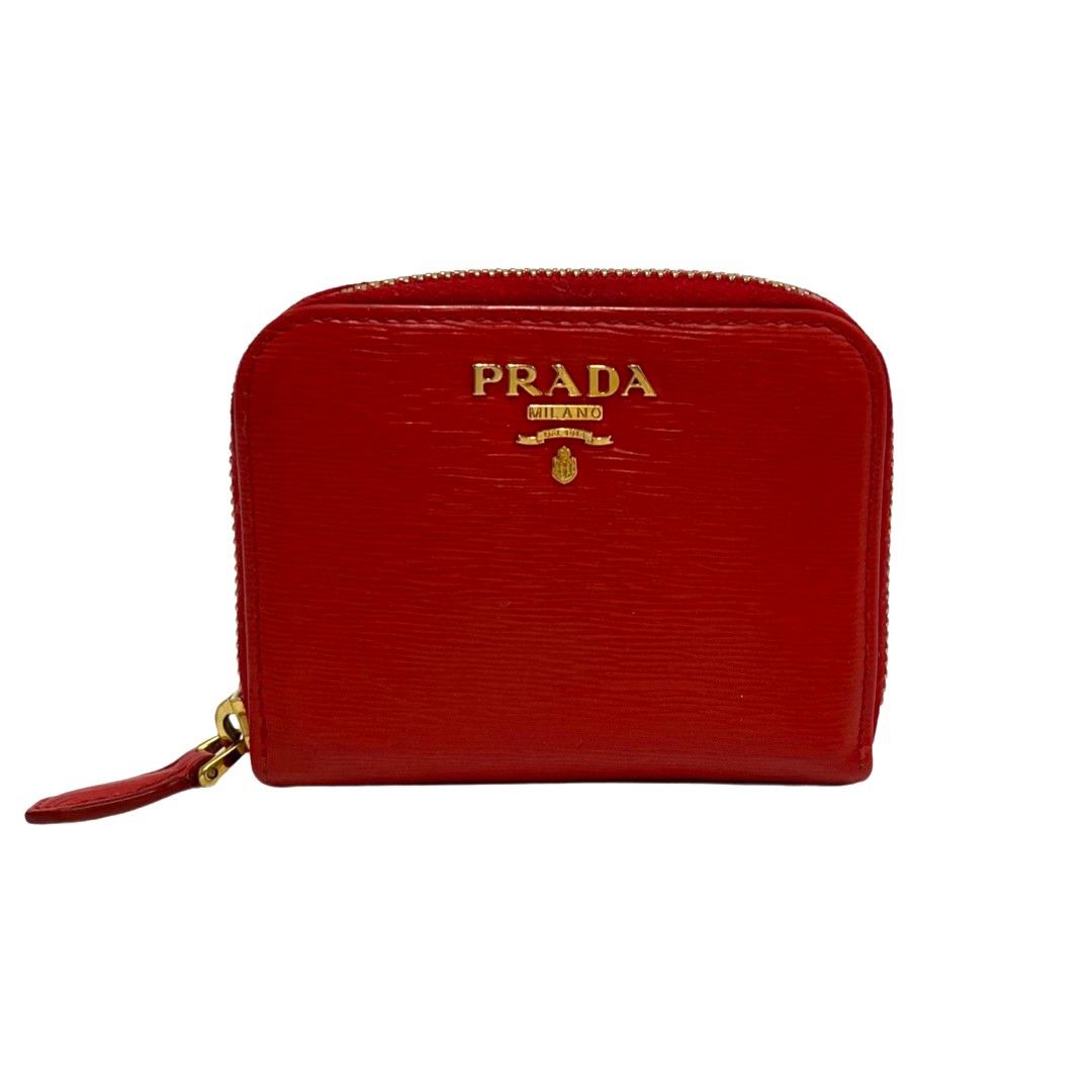 極 美品 PRADA プラダ ロゴ 金具 レザー 本革 ラウンドジップ コイン