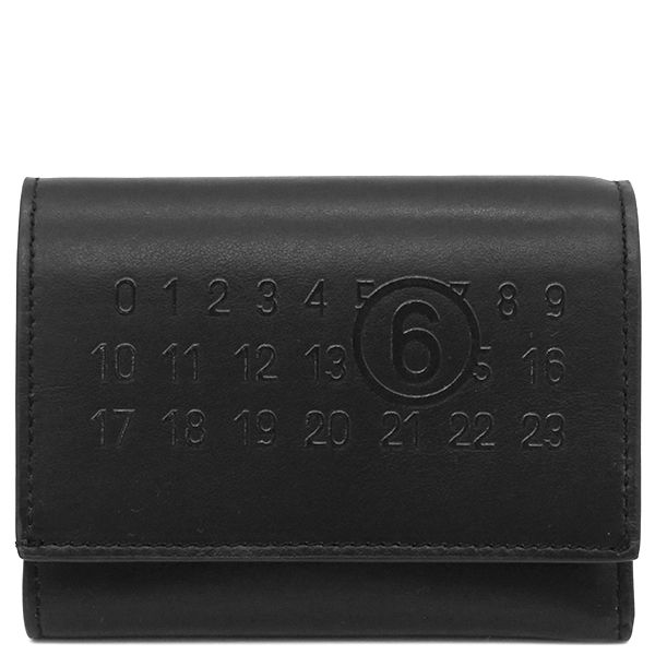 エムエムシックス MM6 三つ折り財布 LABEL LOGO TRIFOLD WALLET レザー ブラック シルバー金具 黒  SA5UI0009 【箱】【中古】