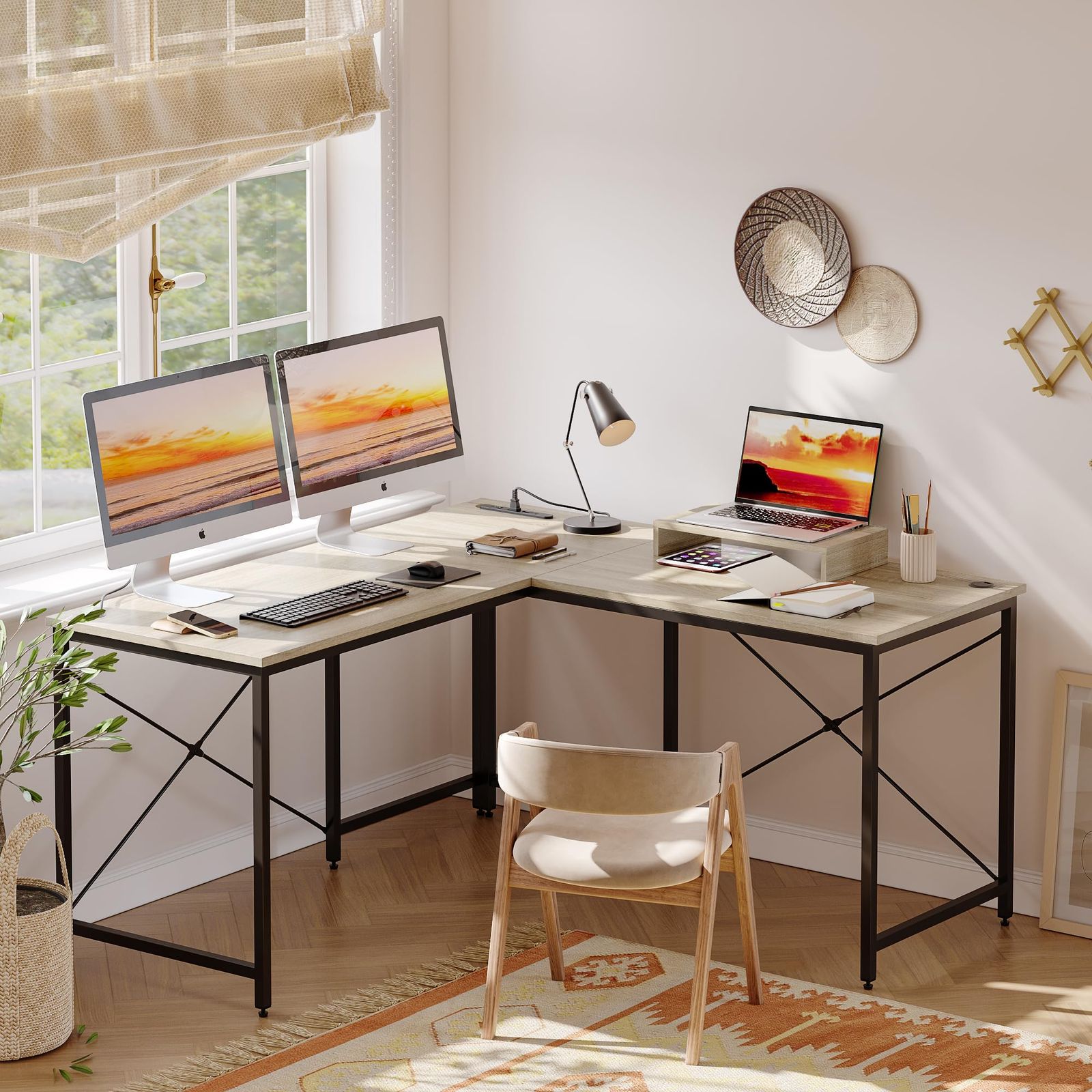 L字型コーナーデスク モニター台付き