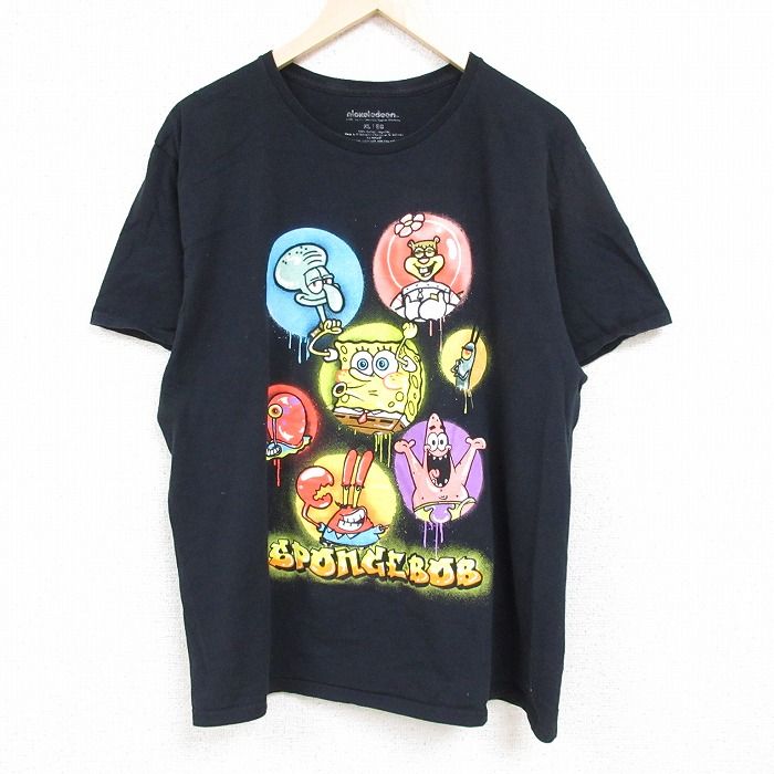 XL/古着 半袖 Tシャツ メンズ ニコロデオン アニメ スポンジボブ イカルドテンタクルズ パトリック コットン クルーネック 黒 ブラック 24a