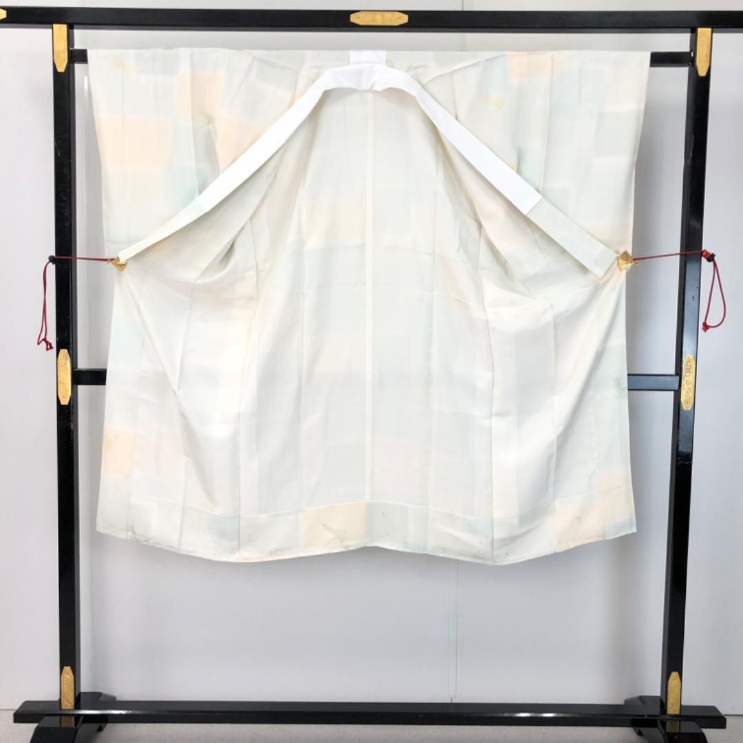 長襦袢 四角 鶴 花模様 卯の花色 しつけ糸 半衿付 J-352