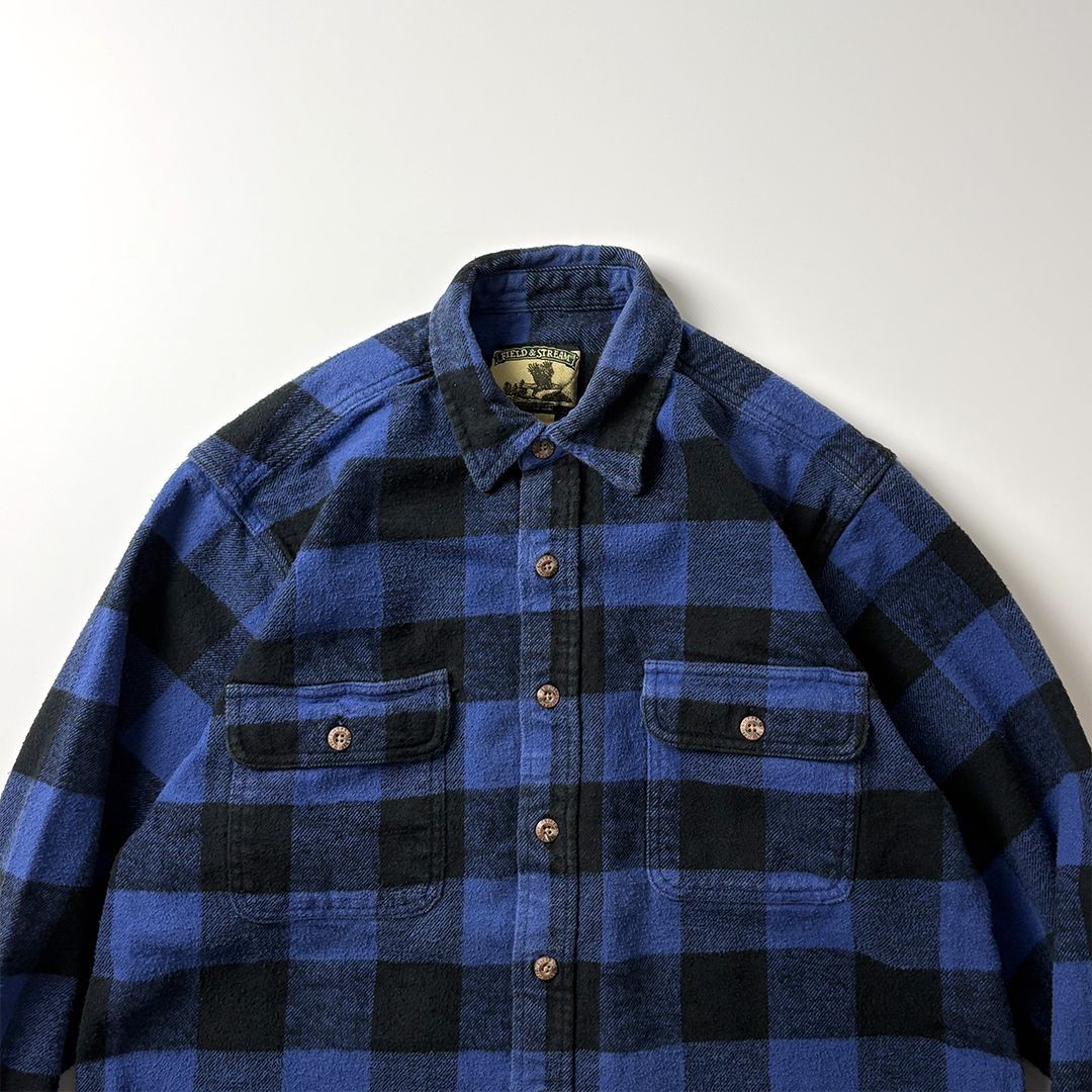 FIELD&STREM ヘビーネルシャツ オンブレチェック 青 M アメカジ 古着 フィールドアンドストリーム FIELD & STREAM オンブレ
