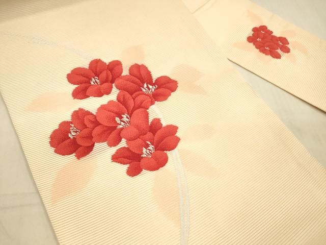 M*E様 作家物 名古屋帯 塩瀬 枝花模様に鳥 九寸 正絹 着物 RO-4875 M*E様 作家物 名古屋帯 塩瀬 枝花模様に鳥 九寸