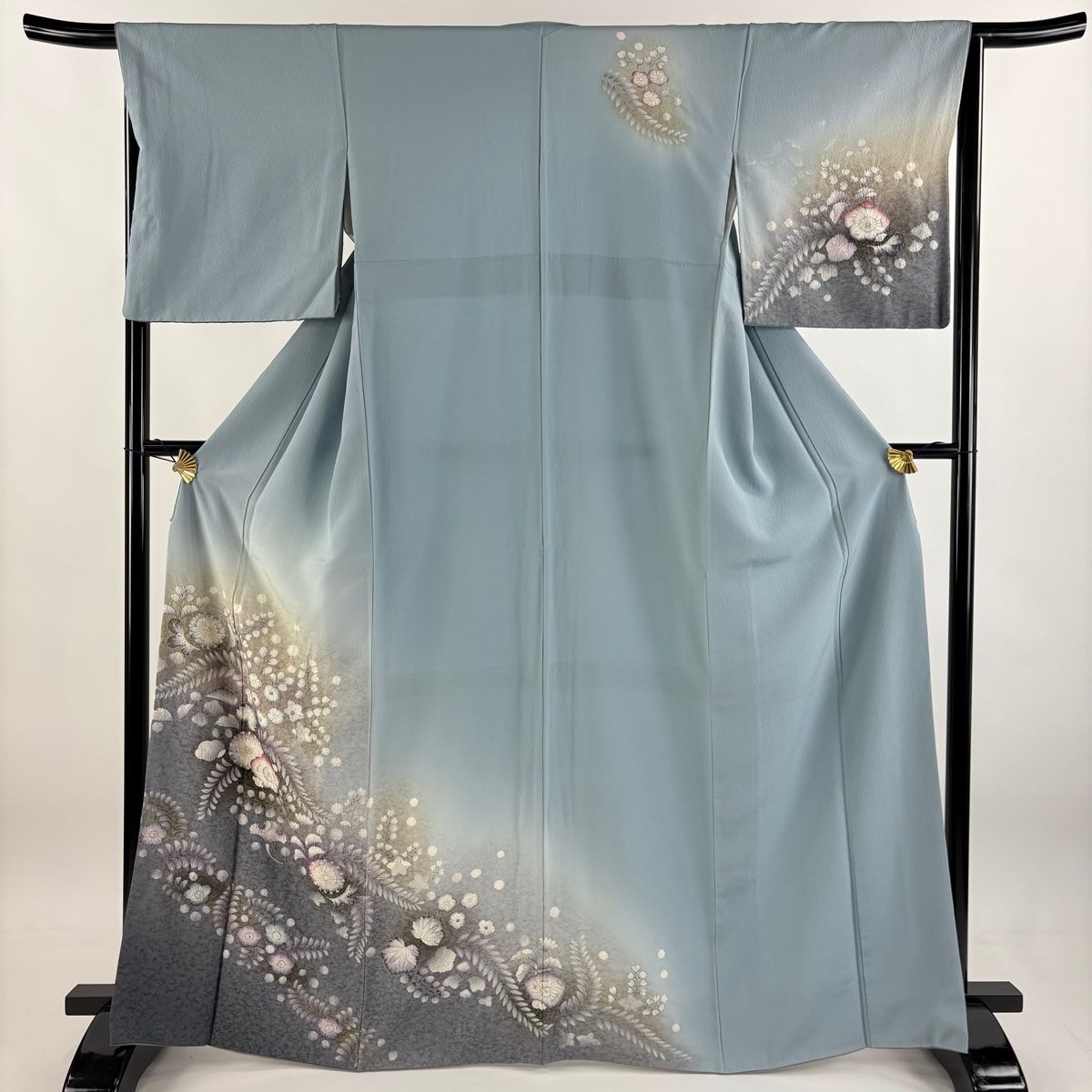 訪問着 身丈165.5cm 裄丈65.5cm M 袷 草花 ぼかし 水色 正絹 秀品