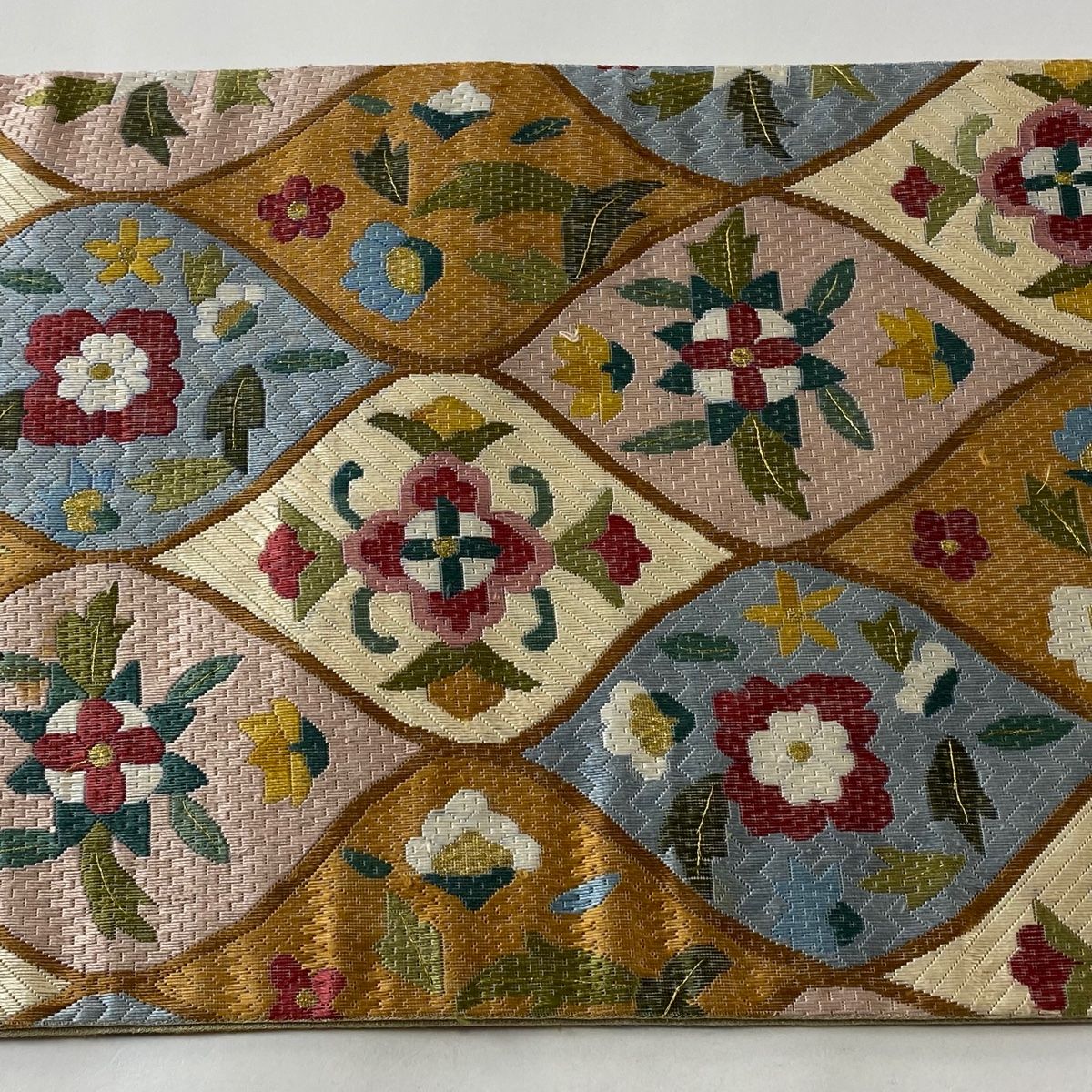 袋帯 逸品 草花 幾何学模様 金糸 絽刺し 茶色 全通 正絹 【中古