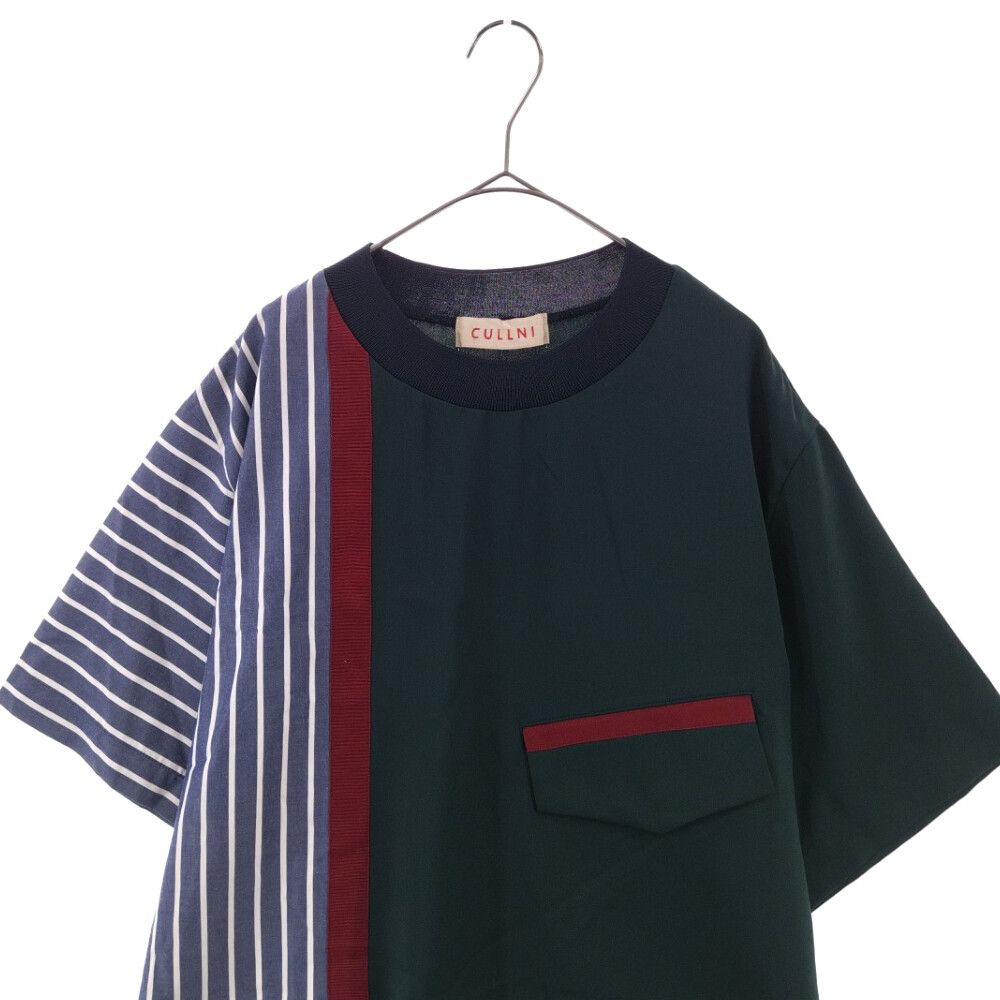 CULLNI (クルニ) 18SS アシンメトリー ストライプ切り替え ポケット付き クルーネック プルオーバー 半袖Tシャツ カットソー マルチ  18-SS-023