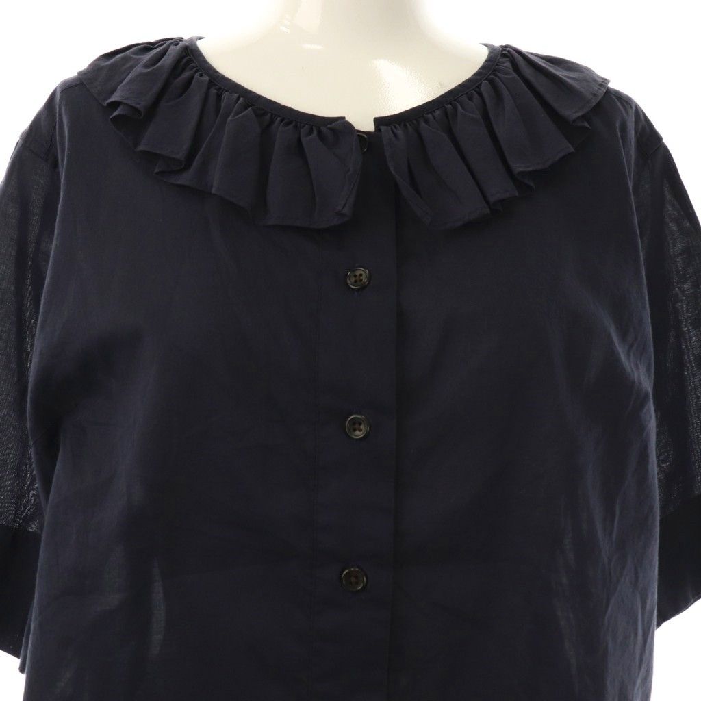 マーガレットハウエル MARGARET HOWELL SHEER COTTON フリルカラーブラウス 五分袖 1 ネイビー |ES OS WWW_OLIVIERBERNSTEIN_COM