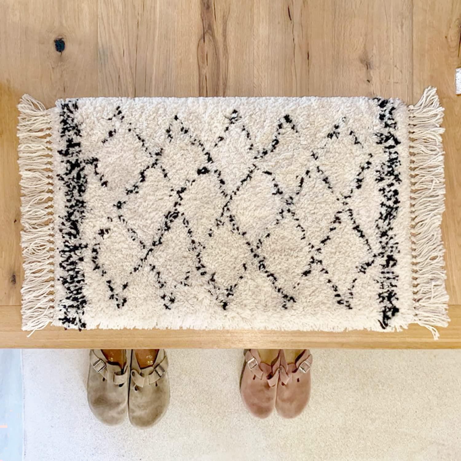 萩原 玄関マット 屋内 約40×60cm 「BOHO」 ウィルトンマット ベニワレン風 モロッコ風 モロッカン シンプル アイボリー