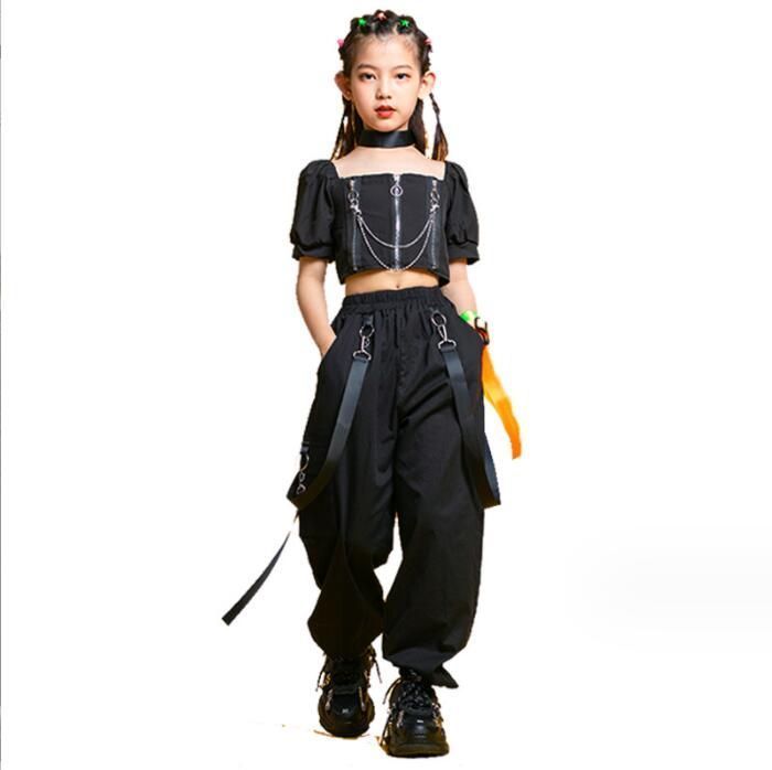 子供 ダンス キッズ 衣装 上下セット ダンス衣装 セットアップ ヒップホップ 女の子 半袖 トップス へそ出し パンツ 黒 スカート ステージ衣装 練習着 応援団 体操服wushang02