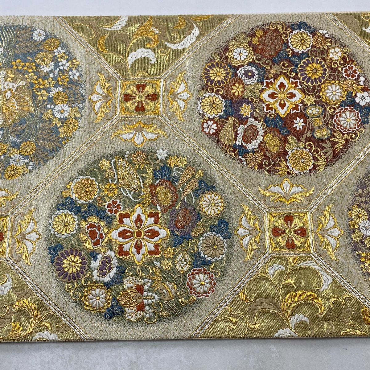 403my80☆袋帯 金駒刺繍 蜀江文 七宝 亀甲 花唐草 金糸☆美品 楽天市場】【新古品】 袋帯 フォーマル 未使用 正絹 本金箔 金駒
