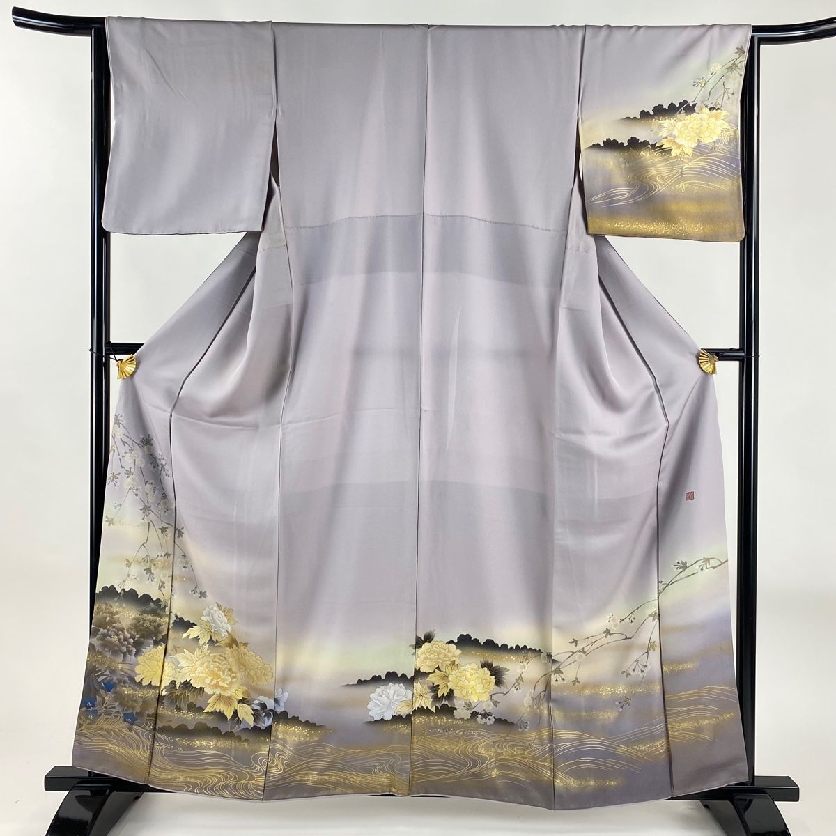 訪問着 身丈160cm 裄丈64cm M 袷 落款 牡丹 流水 金彩 ぼかし 灰紫 正絹 秀品