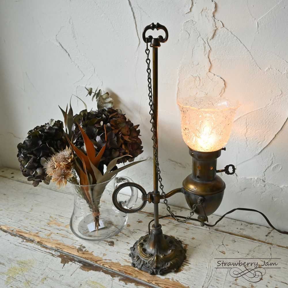 フランス　アンティーク　デスク　ランプ ベッドサイド　真鍮　卓上　ランプ テーブルランプ アンティーク レトロ 布製 おしゃれ ガラス ベッド