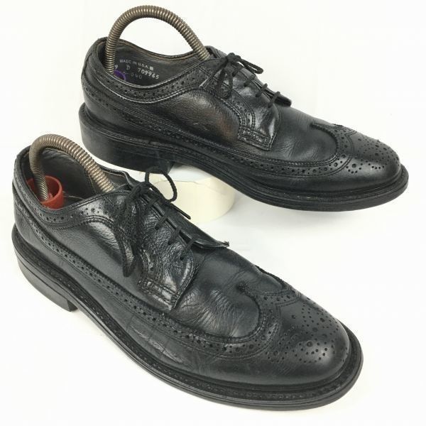 70s-80s?| |Vintage ロングウイングチップ アメリカンブローグ 黒 サイズ9D|26.5-27.0程度 米百貨店系? 管NO.WZA-418<sale>