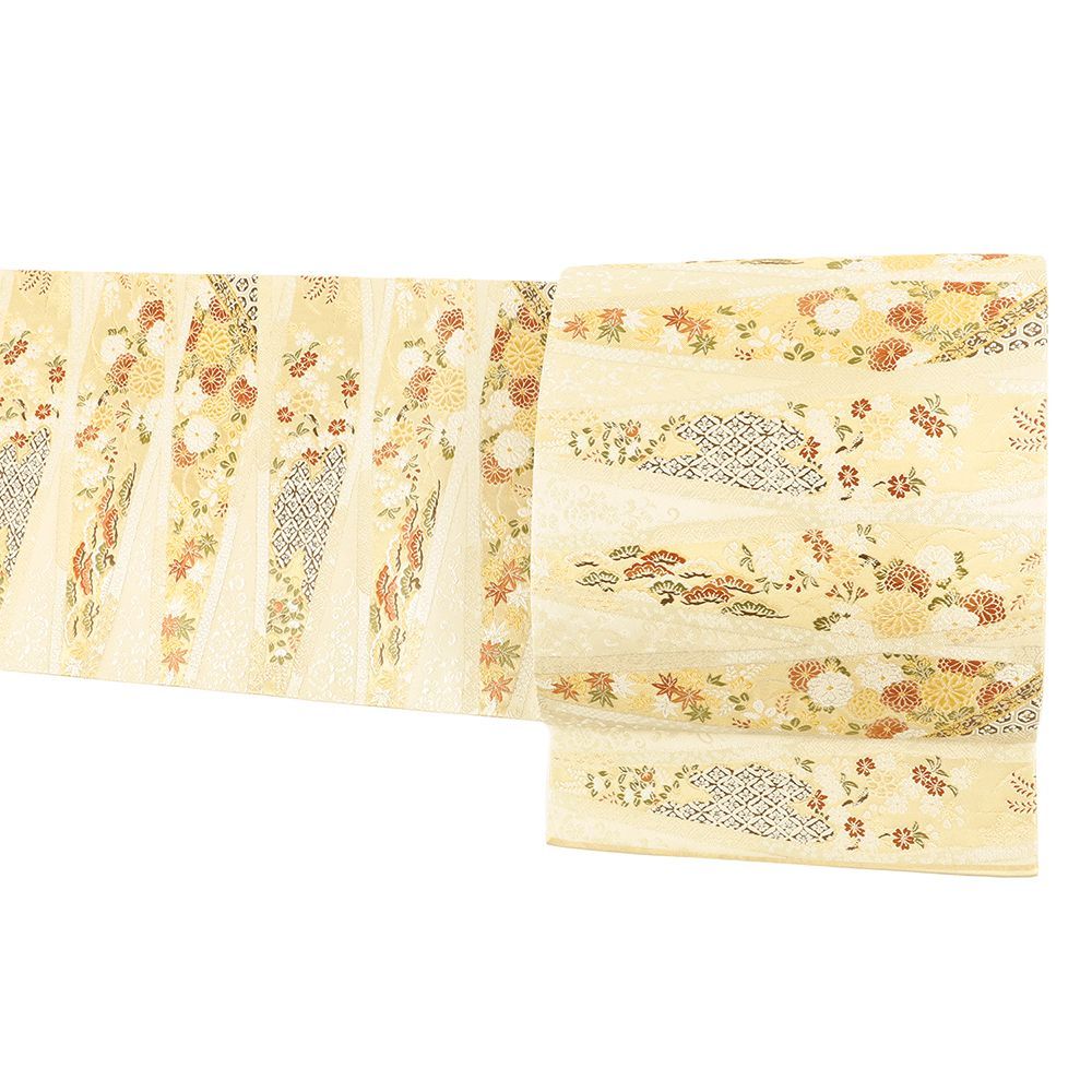 袋帯 正絹 西陣加納幸 ベージュ 紅葉 桜 松 菊 花唐草 唐織 金糸