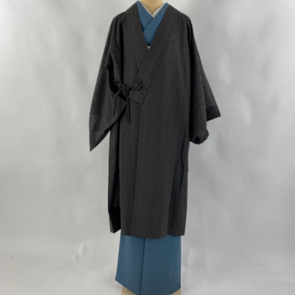 道中着 身丈112.5cm 裄丈66cm M 和装コート 着物衿 やまと 地紋 焦茶色 正絹