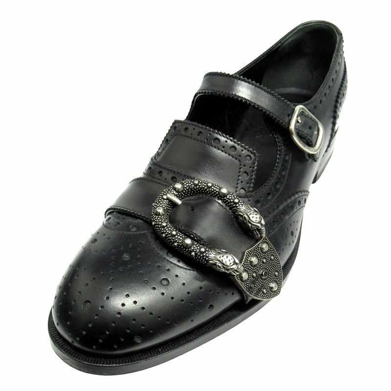 18aw グッチ GUCCI クイアーコア ブローグ モンクストラップ レザー シューズ QUEERCORE BROGUE MONK SHOE ウイングチップ メダリオン BEE タイガーヘッド 449946 7.5 26.5cm ブラック メンズ