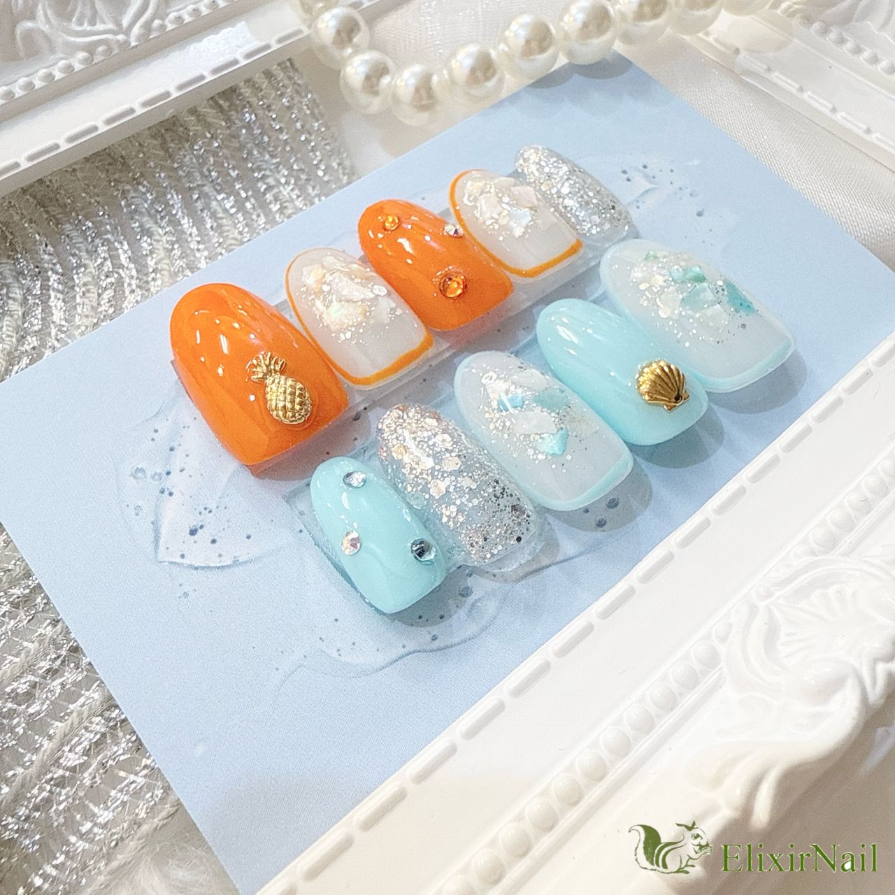 現品】ネイルチップ オレンジ 水色 夏ネイル - メルカリ
