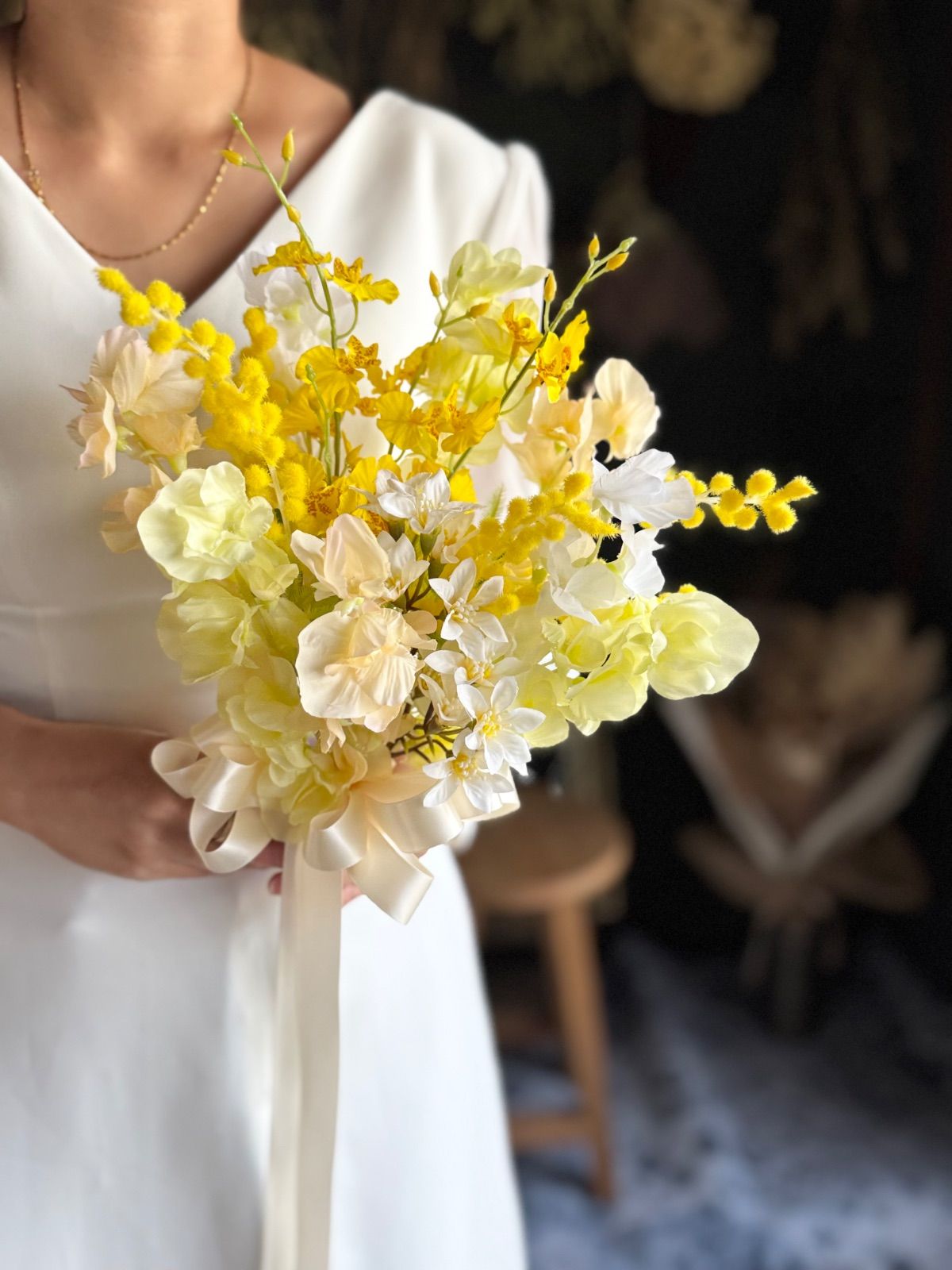 ミモザ×スイートピークラッチブーケ☆ブートニア