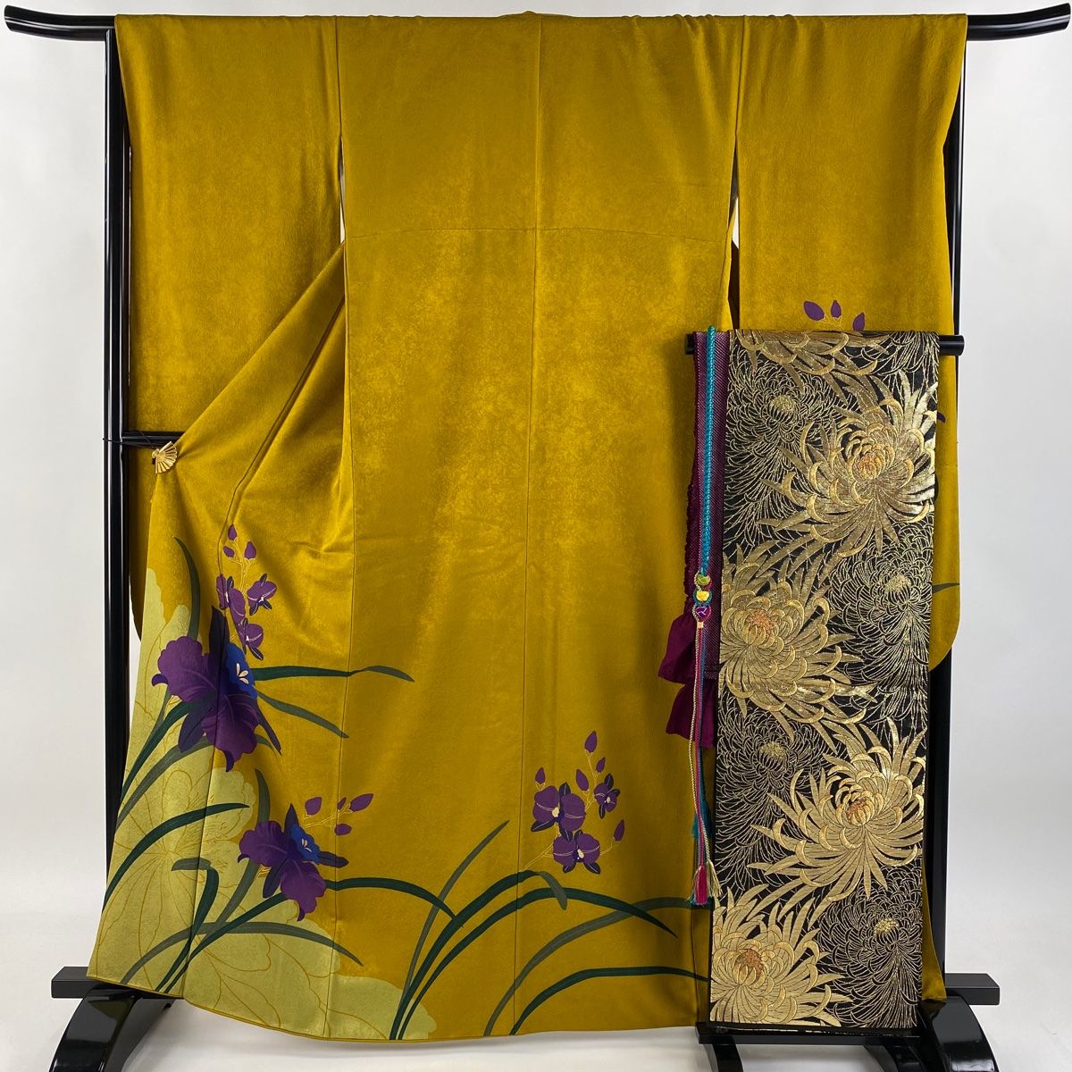 振袖 身丈162cm 裄丈66.5cm M 袷 袋帯フルセット 菖蒲 蘭 金彩 山吹