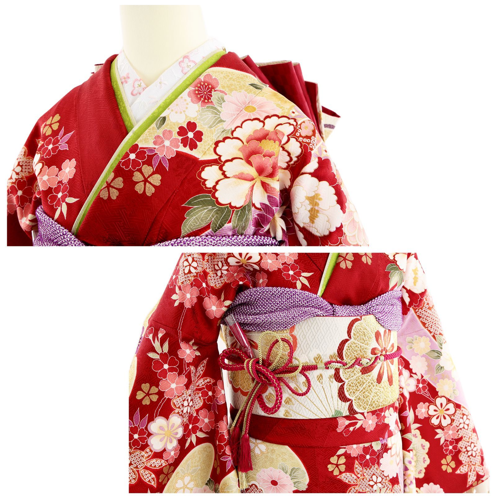 振袖 振袖フルセット 振袖セット USED振袖 中古 赤 古典柄 組紐 扇 7点