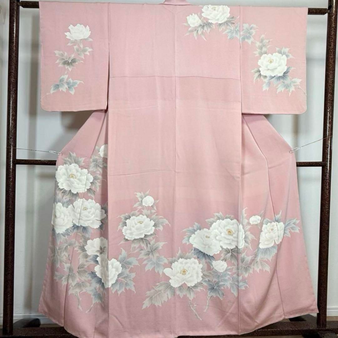超 正絹 袷 広襟 訪問着 着物 155 ちりめん 縮緬 牡丹 白 桃色