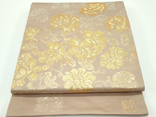 平和屋着物□極上 龍村晋謹製 六通柄袋帯 瓦灯富貴錦 瓦燈印金錦 牡丹