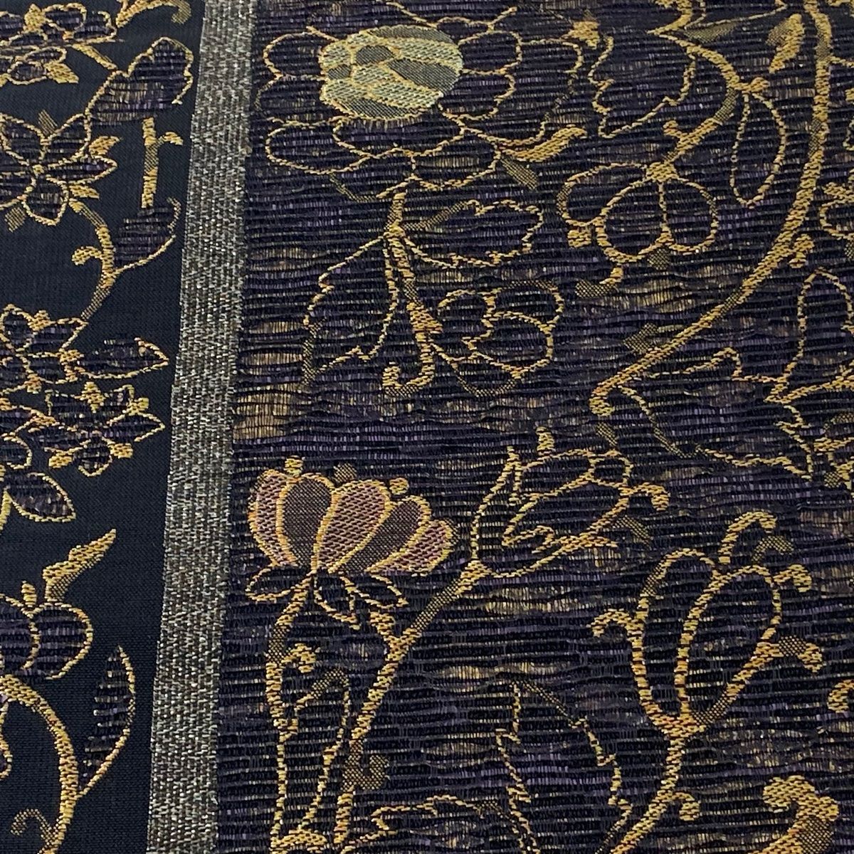 袋帯 美品 逸品 大島絣織込袋帯 草花 金糸 濃紫 六通 正絹