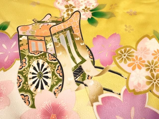 405ag64□七五三 七歳 セミアンティーク 女児 着物&袋帯&長襦袢 毬文□ 七五三レンタル(7歳女児袋帯) 7829 正絹 ピンク 桜花車 | 着物